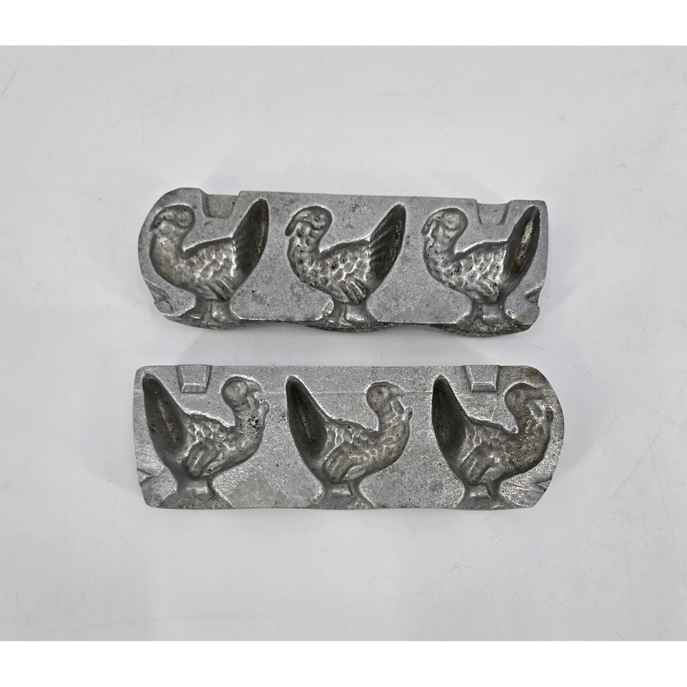 Vintage Cast Aluminum Turkey Chocolate Candy Mold 3 Cavity Two Piece